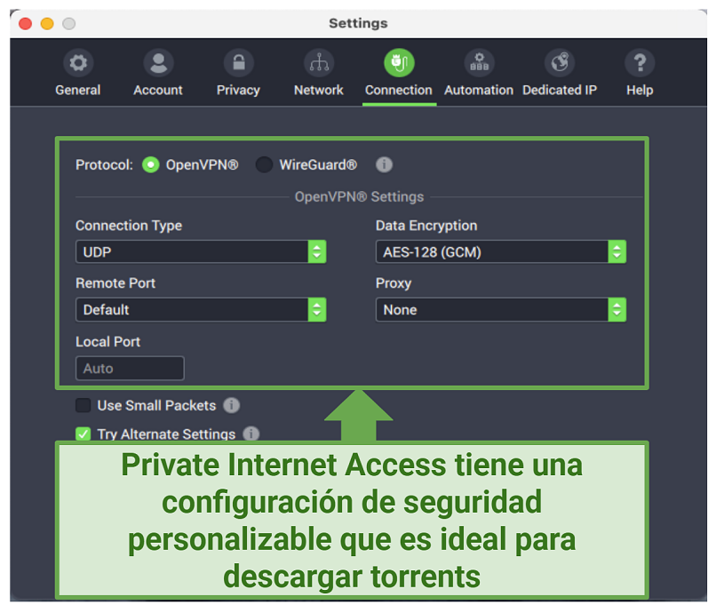 Graphic showing PIA security settings