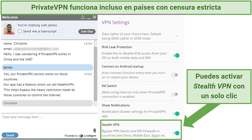 Indication within PrivateVPN's Android app of where to locate Stealth VPN in its settings