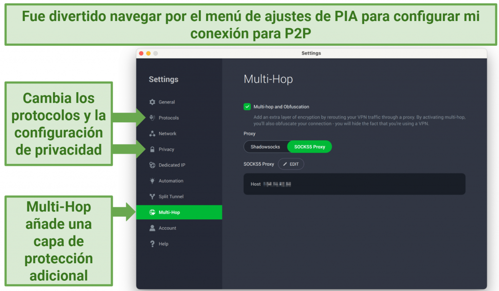 Screenshots of the PIA Settings menu with Multi-Hop selected