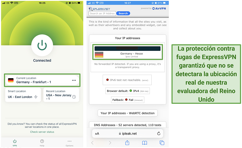 Screenshot of ExpressVPN leak tests connected to German server