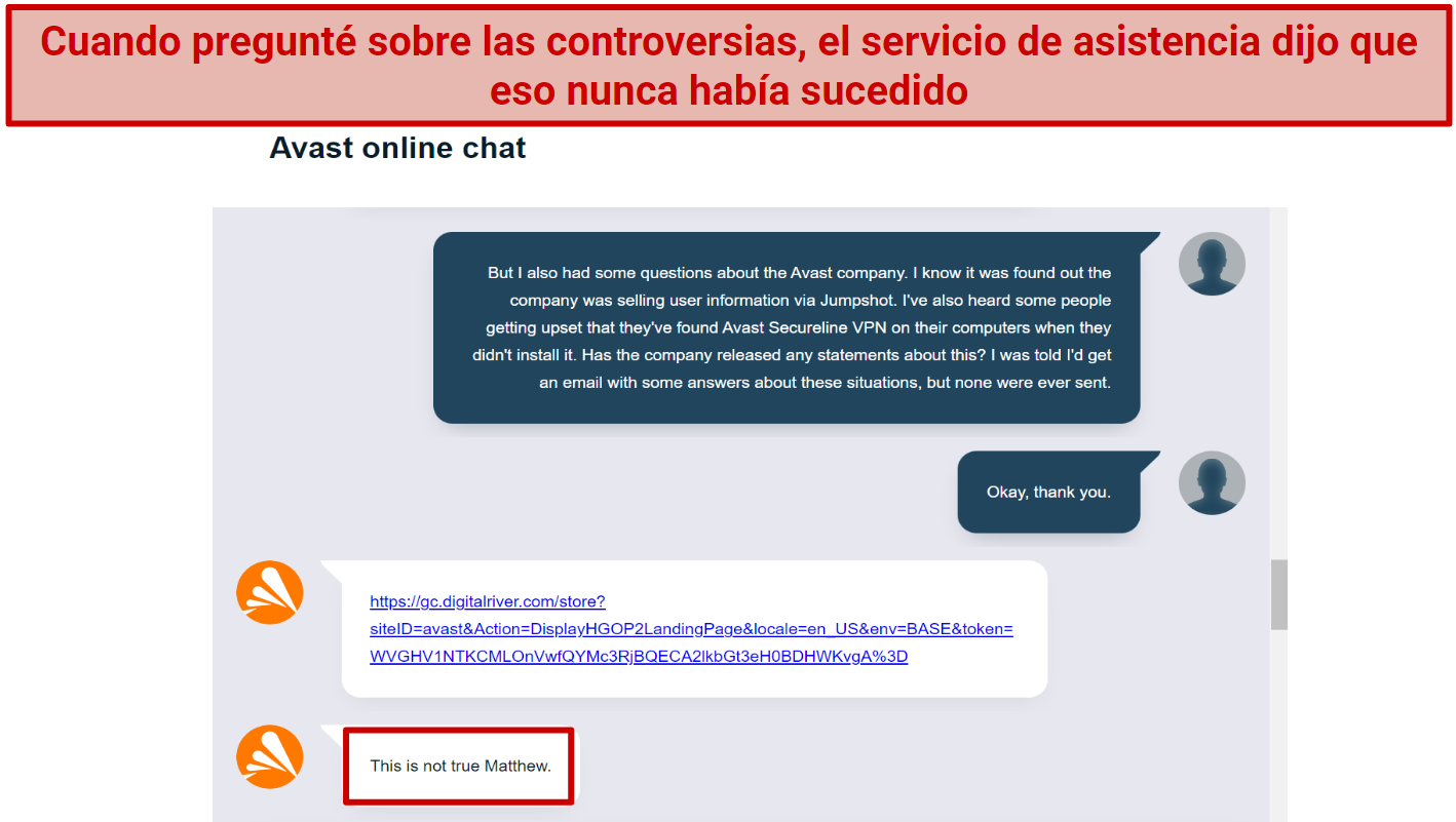 Screenshot of live chat with an Avast support agent that wouldn't answer my questions about the company's controversies