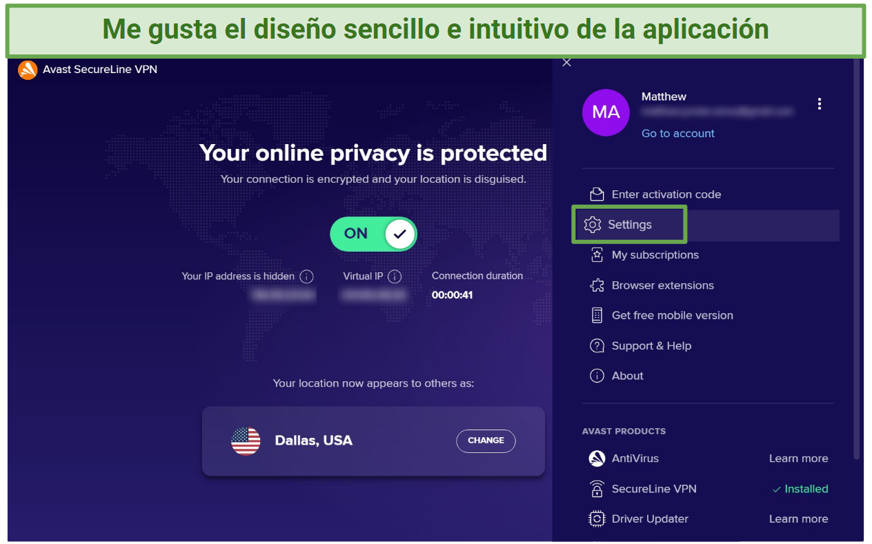 Screenshot of Avast Secureline's Windows app highlighting where to find the settings menu