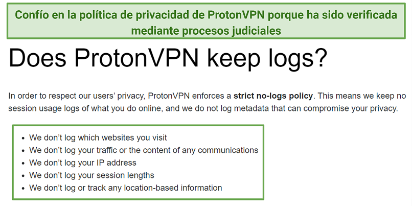 Screenshot of Proton VPN's logging policy highlighting what information it doesn't store