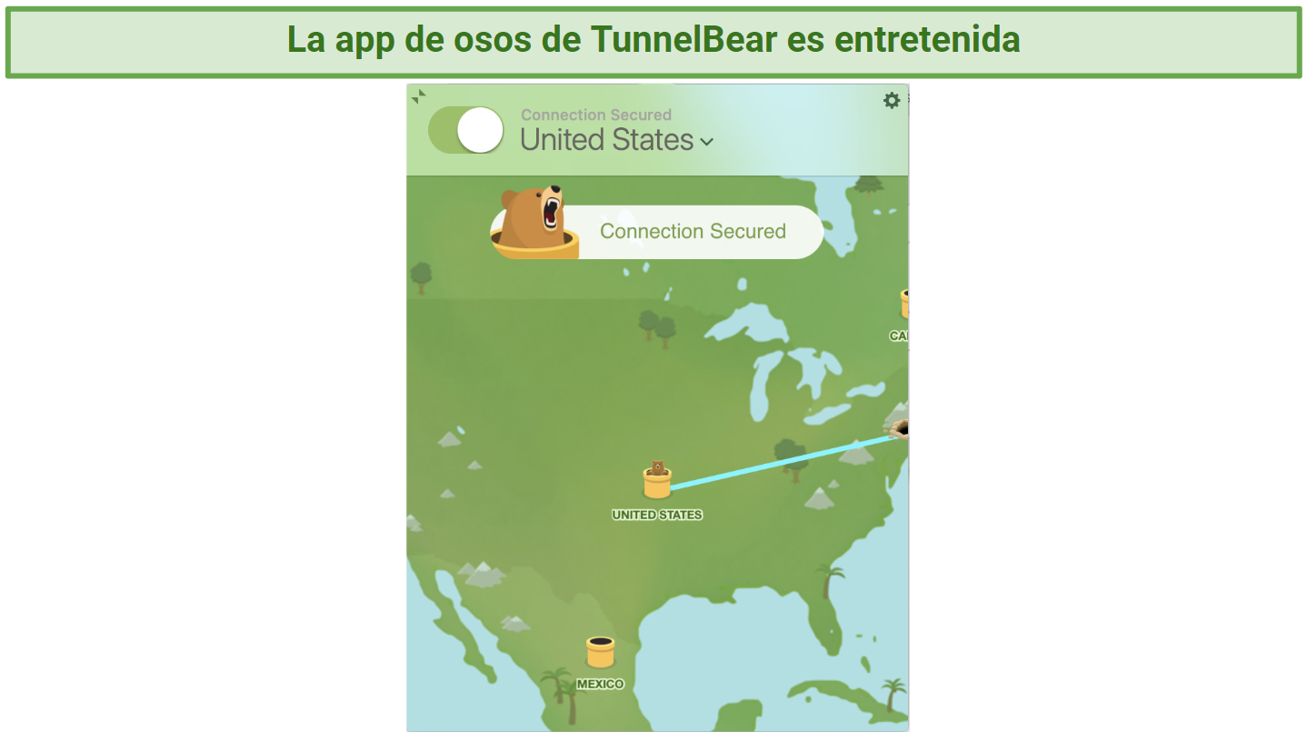 Screenshot showing TunnelBear's quirky app