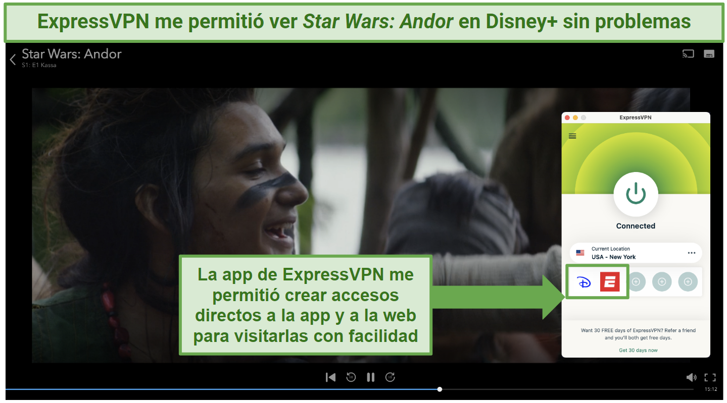 Screenshot showing an ExpressVPN app connected to a New York server over a browser streaming on Disney+