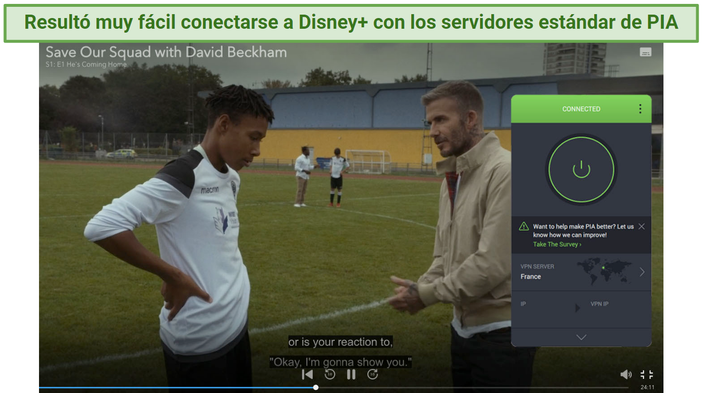 Screenshot showing a PIA app connected to a server in France over a browser streaming Disney+