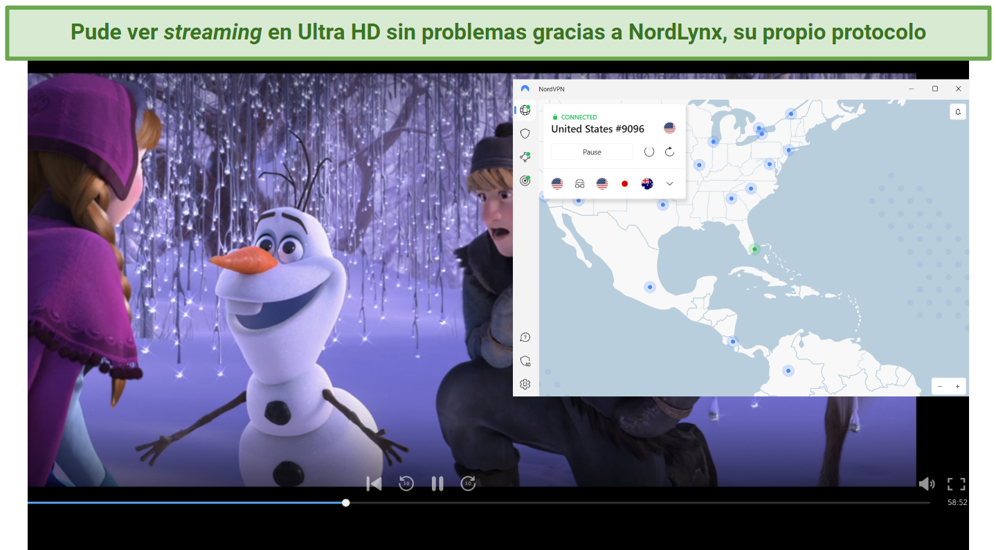 Screenshot showing the NordVPN app connected to a US server over a browser streaming DisneyPlus