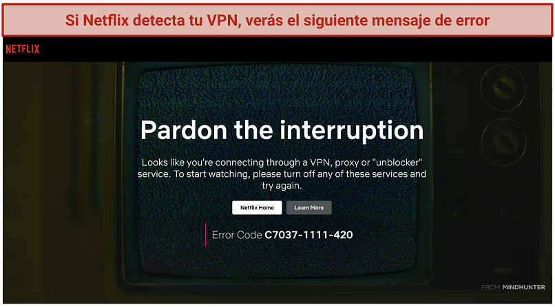 Screenshot of Netflix's VPN, proxy or unblocker error message C7037-1111-420.