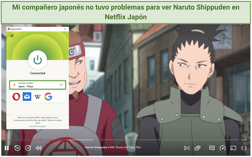 Screenshot of Netflix streaming Naruto Shippuden with ExpressVPN active.