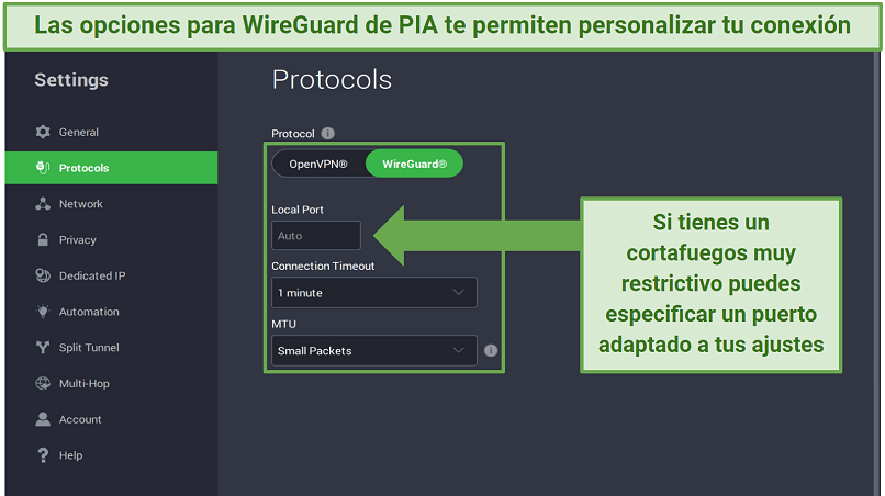 Screenshot showing WireGuard's customizable options in Settings on the PIA app