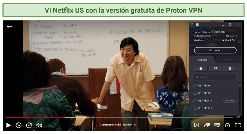 Screenshot of watching Community on Netflix US with the free version of Proton VPN connected to a server in the US