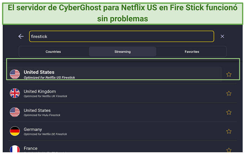 A screenshot of CyberGhost's streaming-optimized servers on its FireStick app