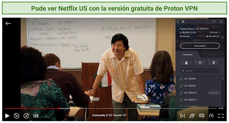 Screenshot of watching Community on Netflix US with the free version of ProtonVPN connected to a server in the US