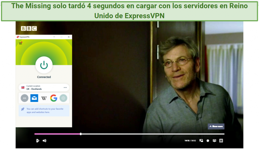 Screenshot showing ExpressVPN streaming The Missing on BBC iPlayer