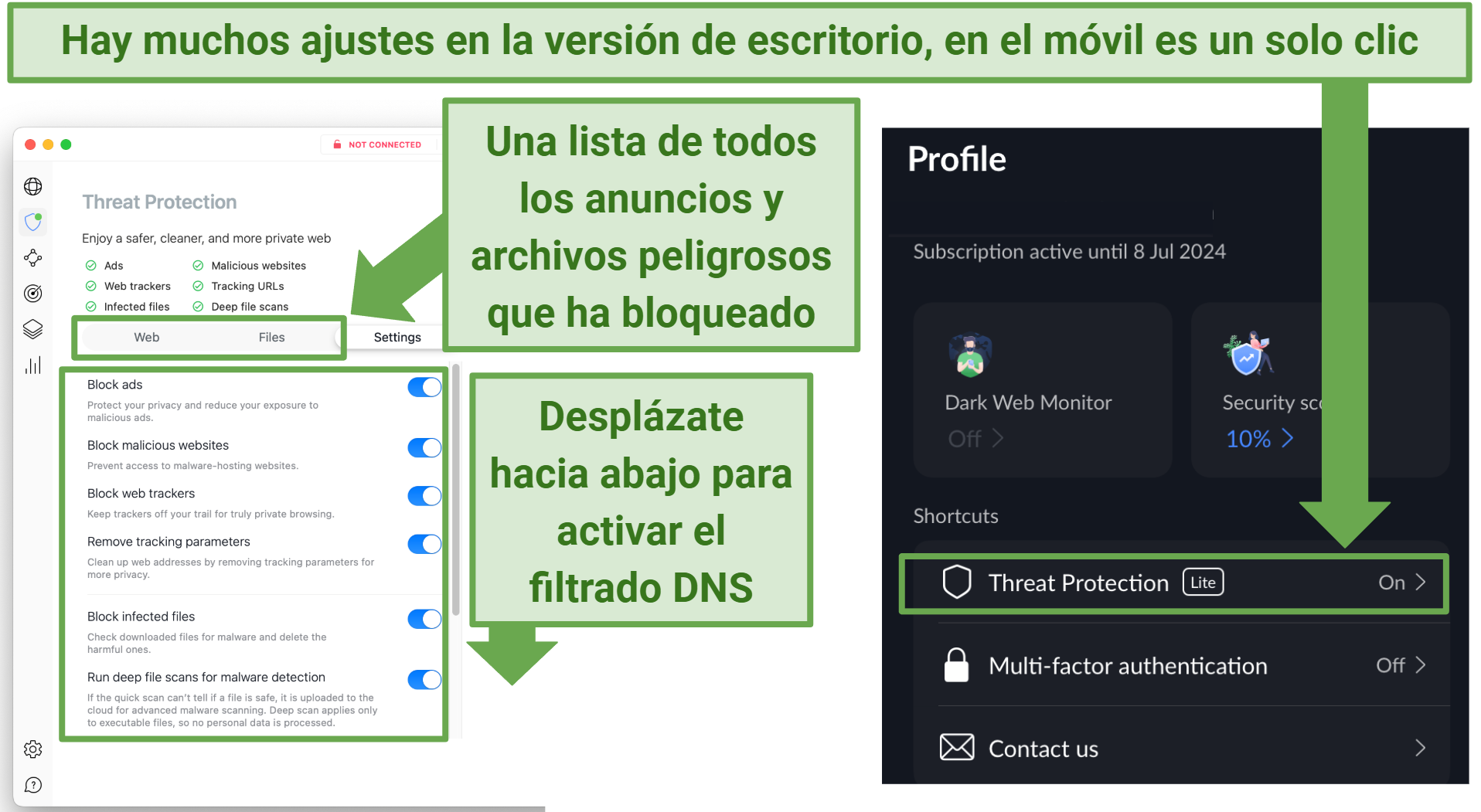 Screenshot showing NordVPN's Threat Protection ad blocker on desktop and mobile devices