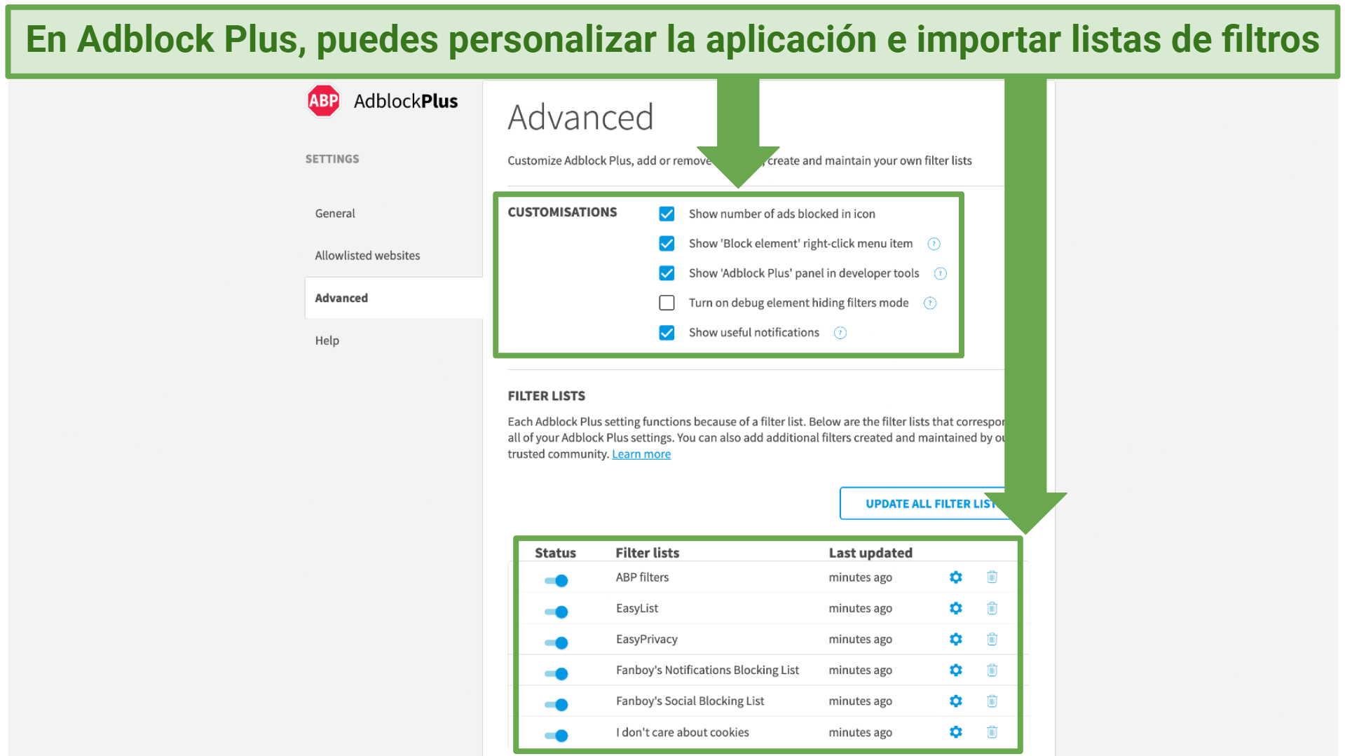 Screenshot showing how to customize the Adblock Plus app