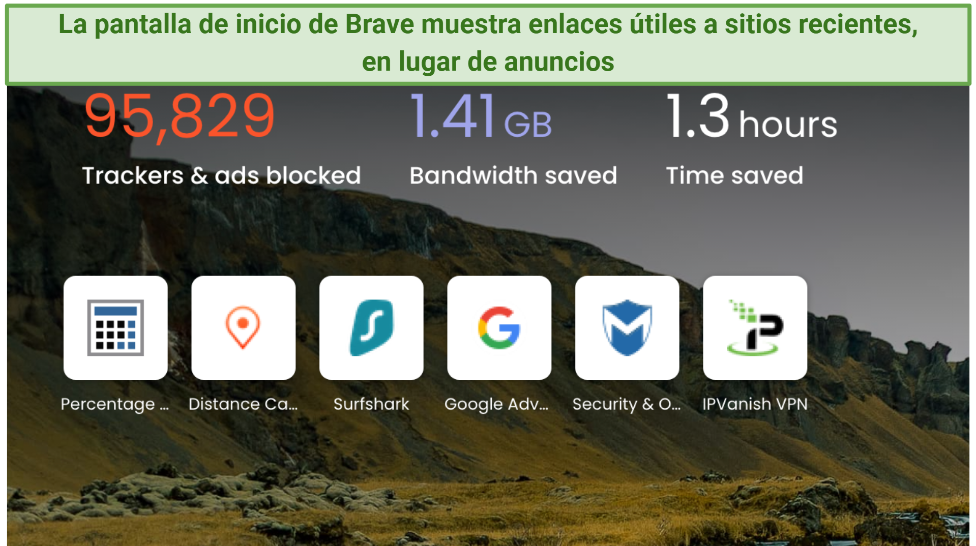 Screenshot showing the Brave browser homescreen with a summary of the number of ads blocked, and the bandwidth and time saved