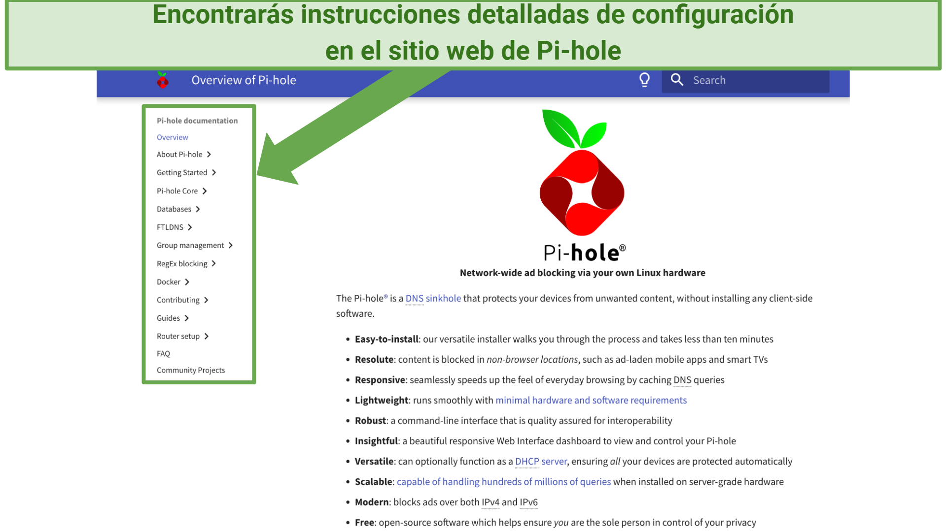 Screenshot showing the setup guide on the Pi-hole website