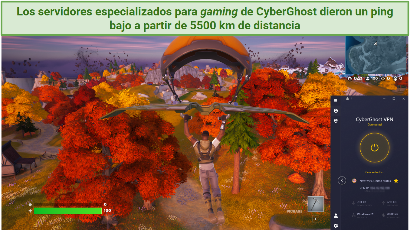 Captura de pantalla que muestra a CyberGhost conectada a un servidor de juegos en un navegador jugando a Fortnite