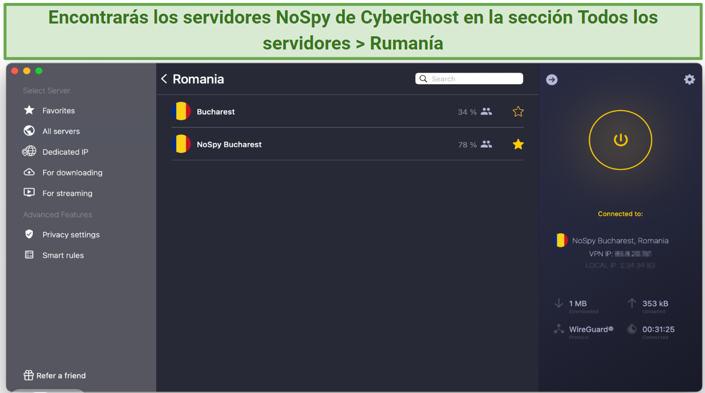 Image showing how to find the private NoSpy connection on the CyberGhost app