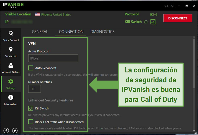 graphic showing IPVanish security settings