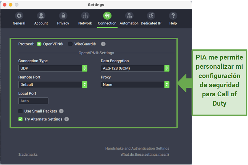 Graphic showing PIA security settings