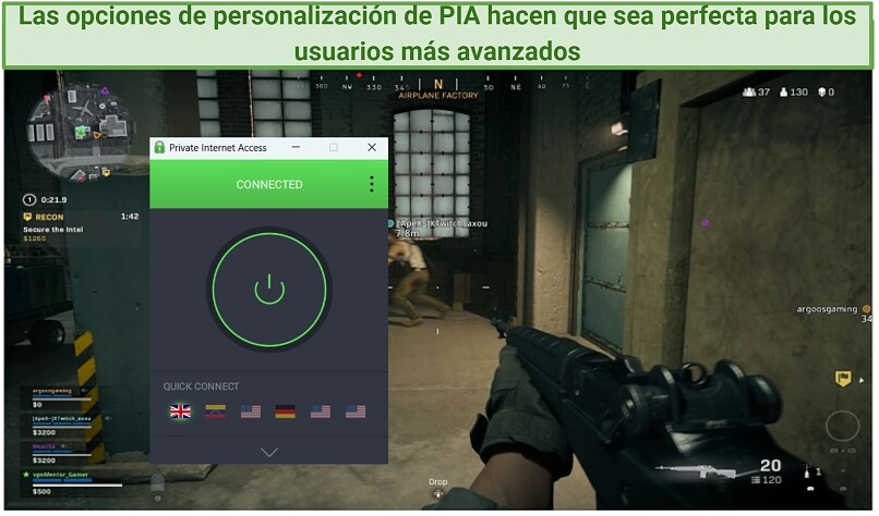 screenshot of COD gameplay with PIA connected