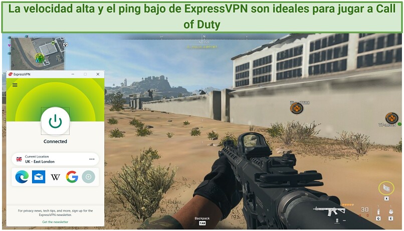 Screenshot of COD gameplay with ExpressVPN connected