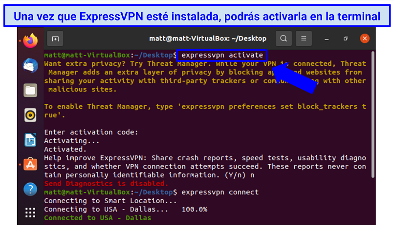 Screenshot of ExpressVPN's Linux app showing how to activate it in the terminal