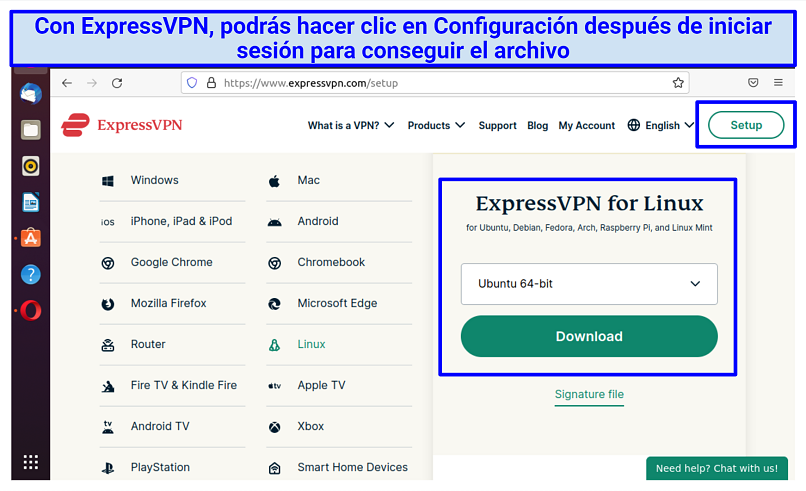 Screenshot of ExpressVPN account page highlighting where to download the Linux app