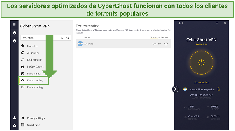 Screenshot of CyberGhost's Windows app showing torrenting-optimized servers for Argentina