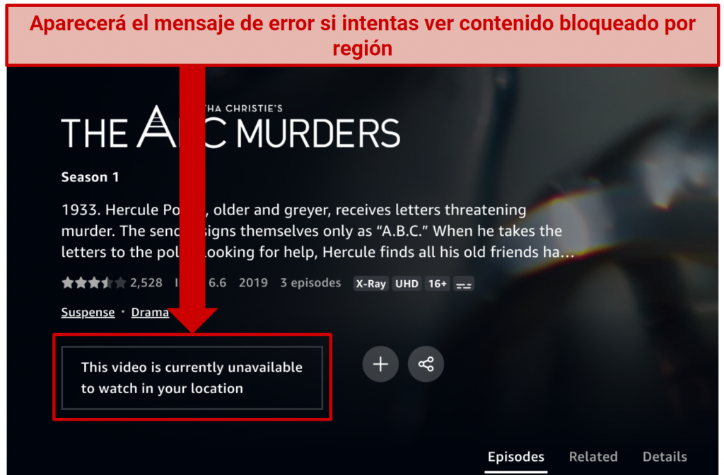Screenshot of Amazon Prime Video region-locked content error message