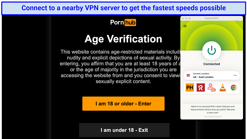 Captura de pantalla que muestra la aplicación ExpressVPN conectada a un servidor en el Reino Unido sobre la página de verificación de edad de PornHub