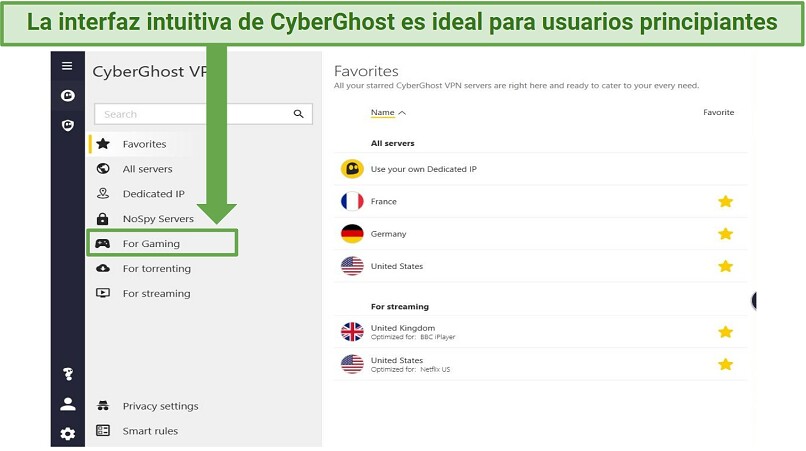 Screenshot showing CyberGhost's VPN app interface
