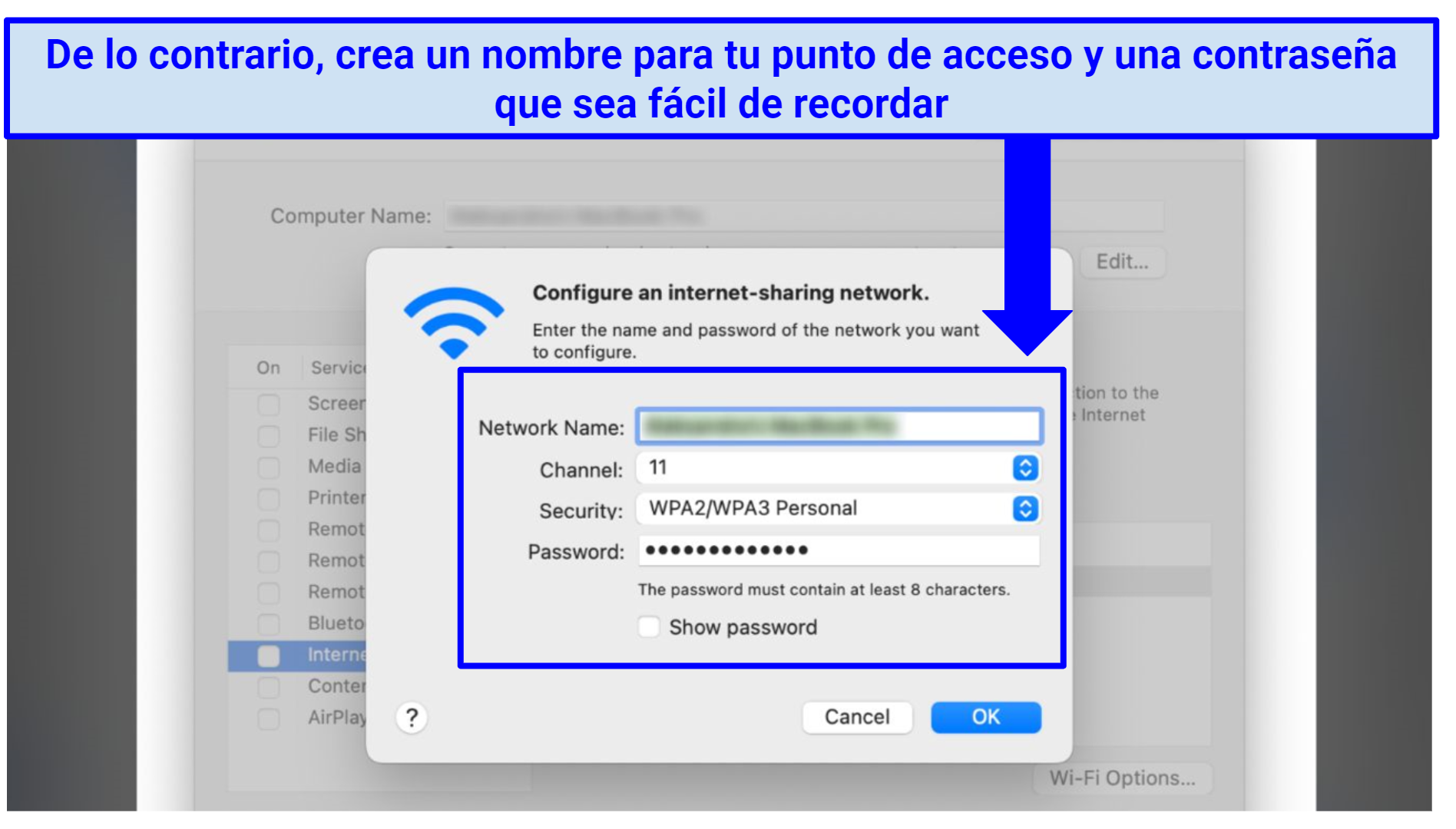 A screenshot showing it's easy to enter a name and password for the hotspot you want to configure in Mac