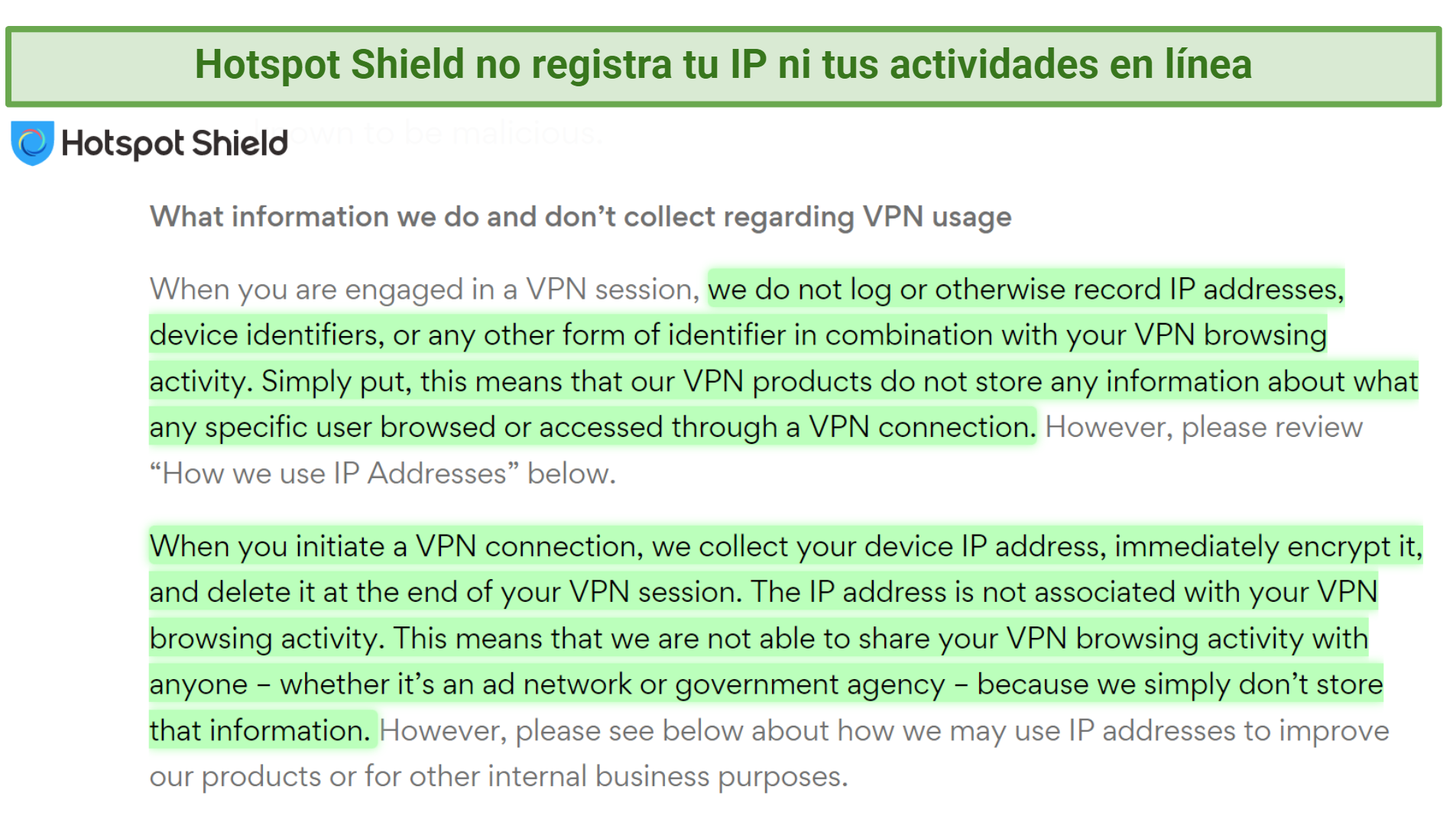 A screenshot showing Hotspot Shield doesn't log and store any sensitive user data.