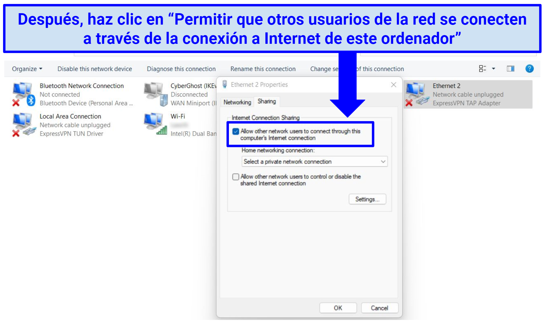 A screenshot showing how to allow other users to connect through your computer's internet connection on Windows 