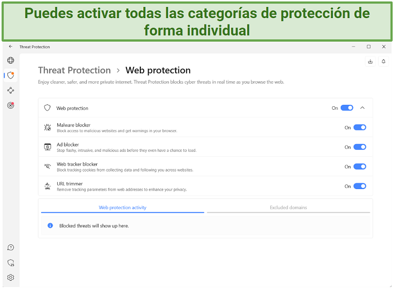 Screenshot of NordVPN's Threat protection with additional options under Web protection.