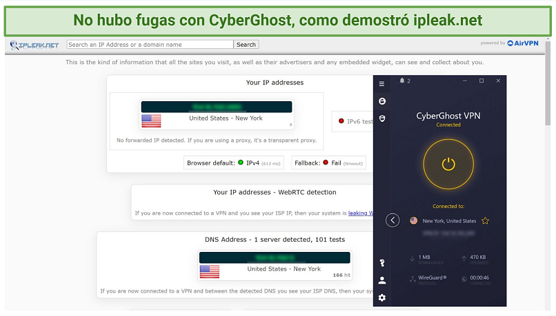 Screenshot of leak test with CyberGhost on ipleaknet