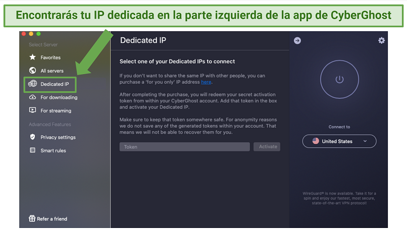 Screenshot of CyberGhost's Dedicated IPs