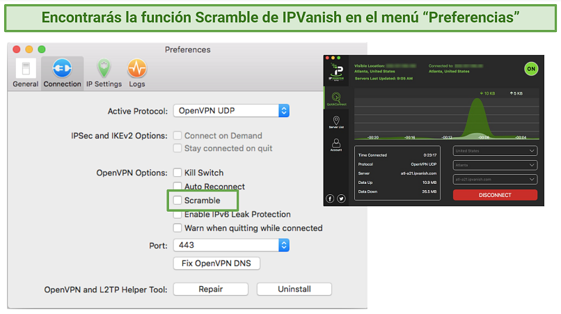 Screenshot of IPVanish's Scramble Feature