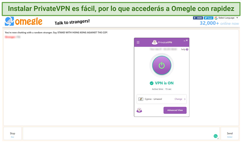 Screenshot of PrivateVPN accessing Omegle while connected to the Cyprus server