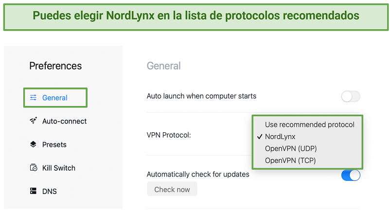 Screenshot of NordVPN general preferences window