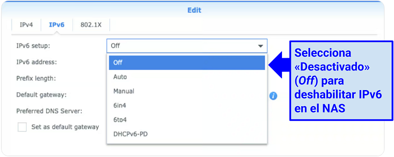 Captura de pantalla que muestra cómo deshabilitar IPv6 en NAS Synology