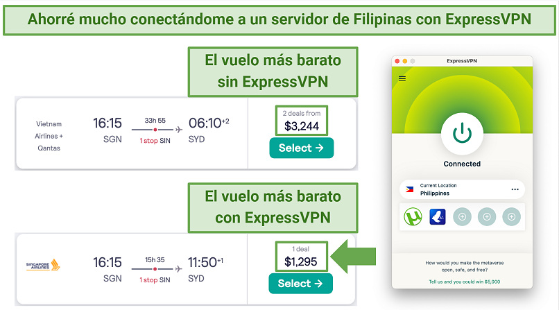 Screenshot showing a huge saving on a single flight on Skyscanner when connected to a server in the Philippines