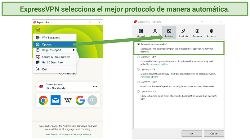 Screenshot showing ExpressVPN's protocol selection menu on Windows