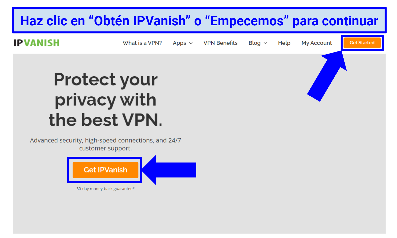 Screenshot showing the IPVanish home page and how to start the sign-up process