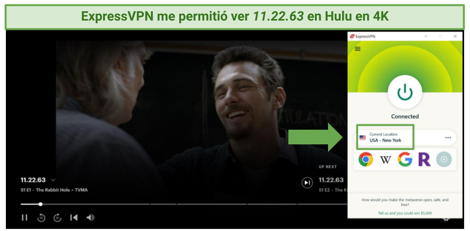 Screenshot of 11.22.63 streaming on Hulu with ExpressVPN active