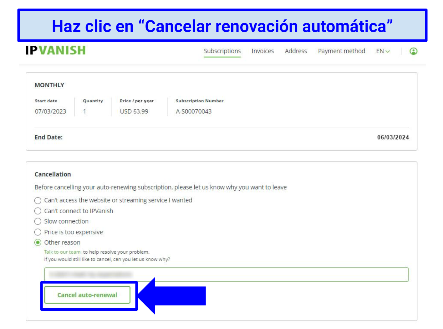 Screenshot showing the IPVanish cancellation confirmation page