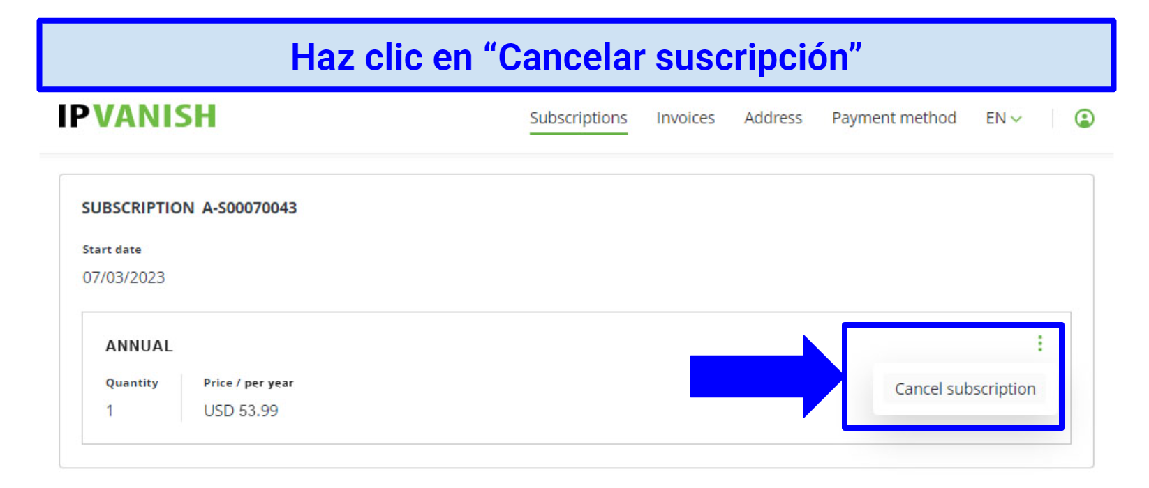 Screenshot showing the IPVanish subscriptions page and how to cancel your subscription